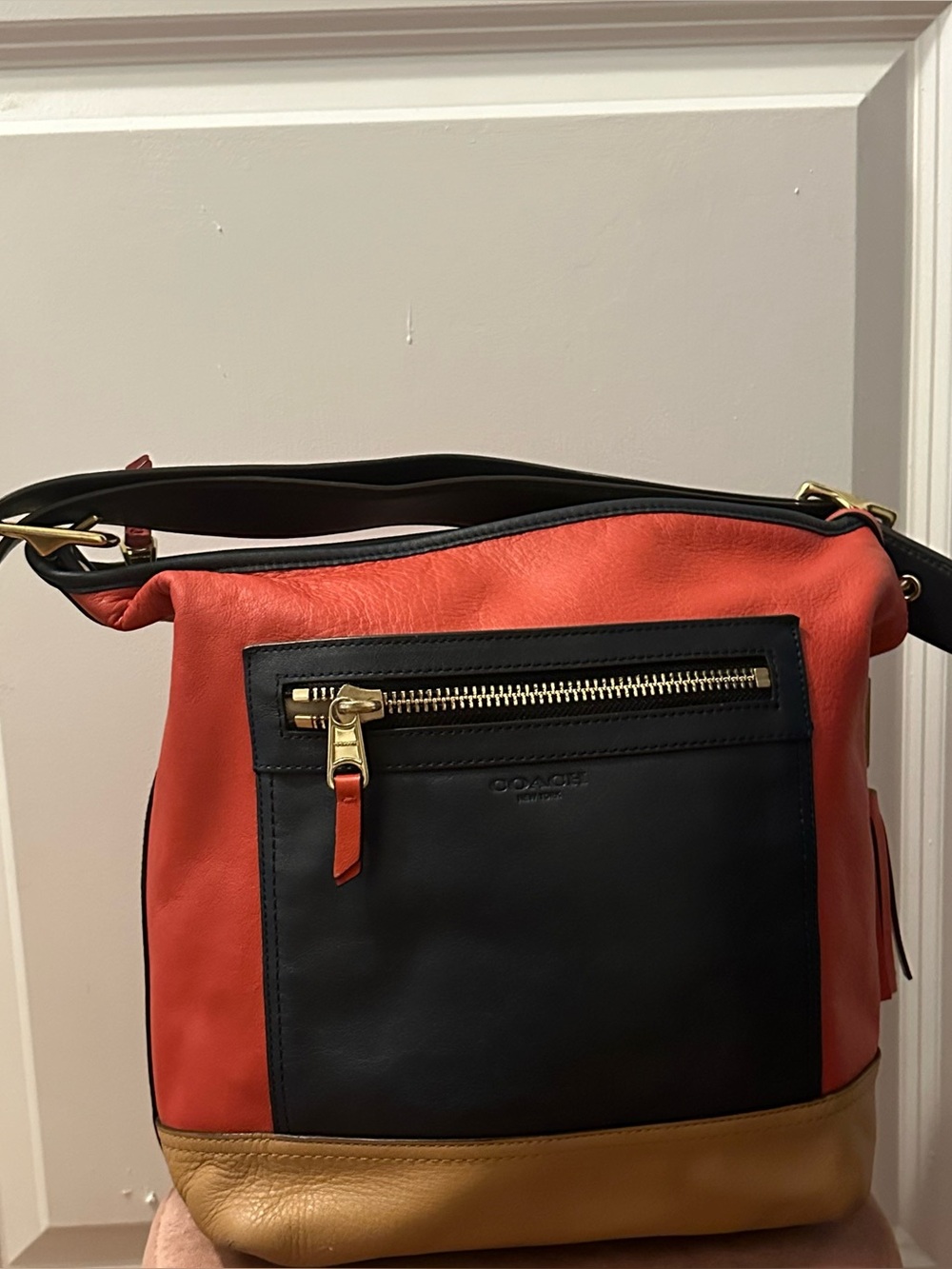 Coach Colorblock Leather Shoulder Bag — Coral, Black & Tan